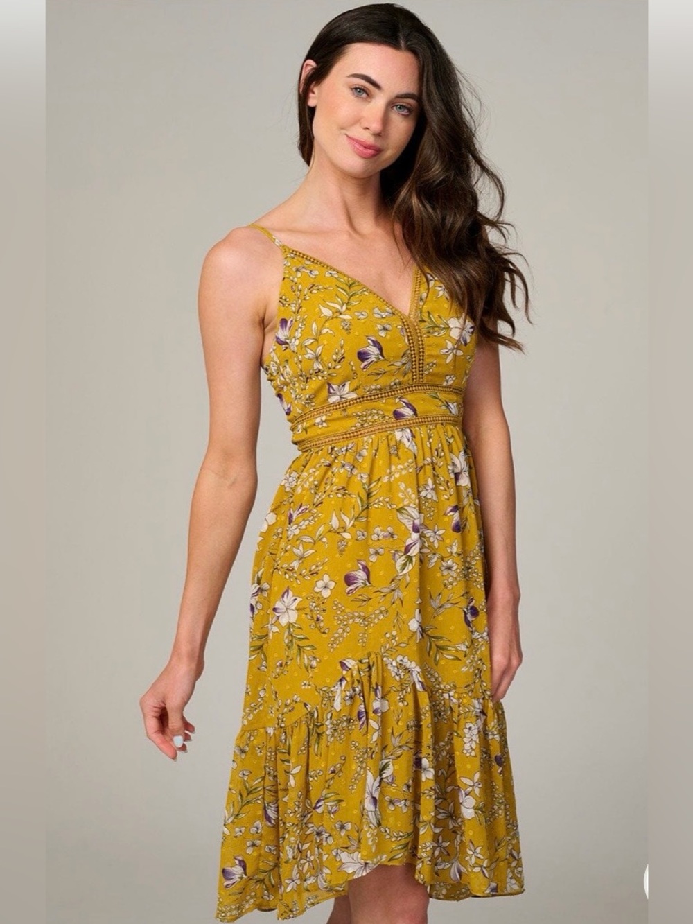 Yellow Floral Spaghetti-Strap Trim Detailed Dress